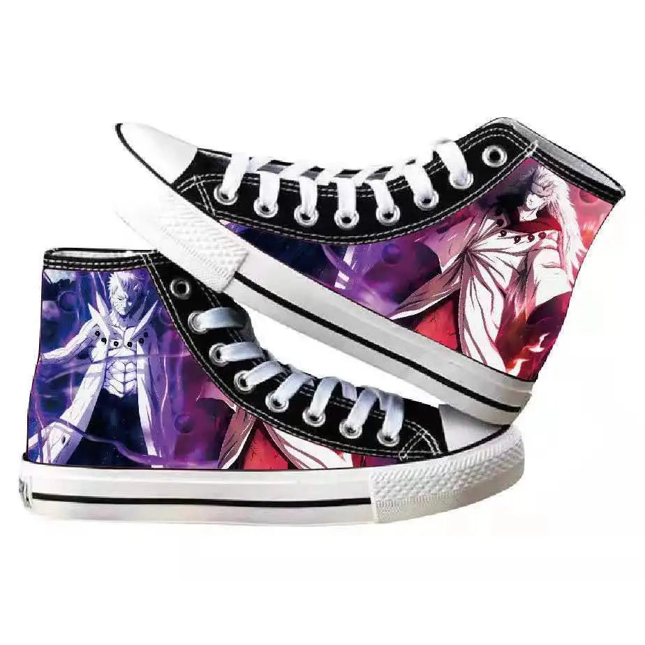 Trendy high-top Naruto Canvas Shoes featuring cool graffiti personality prints of Sasuke Uchiha, Itachi, and Kakashi for men and women.