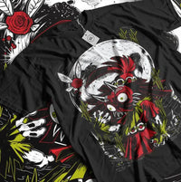 A trendy Majora's Mask T-shirt featuring a dark graphic print of Skull Kid and the cursed mask, styled as Y2K women's streetwear.