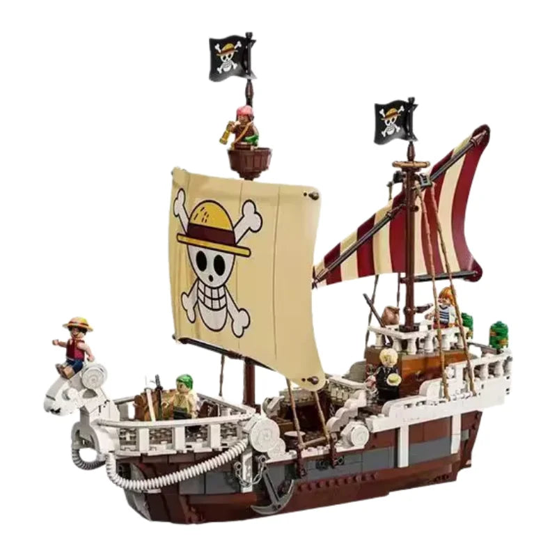 A detailed One Piece Going Merry Building Blocks set featuring the Straw Hat Pirate Ship, designed as an assembly model toy for children and collectors.