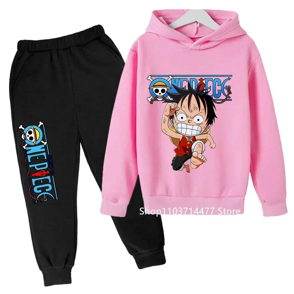 A comfortable One Piece Hoodie Set for kids featuring Monkey D. Luffy anime graphics, including a hoodie and pants 2-piece sports suit.