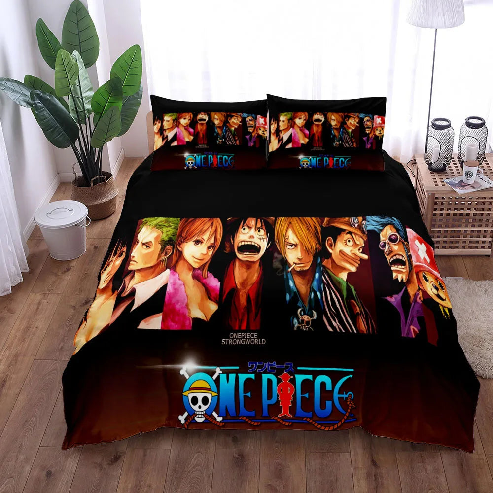 A vibrant One Piece Bedding Set featuring Monkey D. Luffy anime art on a duvet cover and pillowcase, designed for children's bedroom decor.