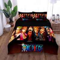 A vibrant One Piece Bedding Set featuring Monkey D. Luffy anime art on a duvet cover and pillowcase, designed for children's bedroom decor.