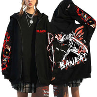 A unisex Bleach Zip Up Hoodie featuring 3D cosplay prints of Kurosaki Ichigo, Kyoraku Shunsui, and Hitsugaya Toshiro for anime fans.