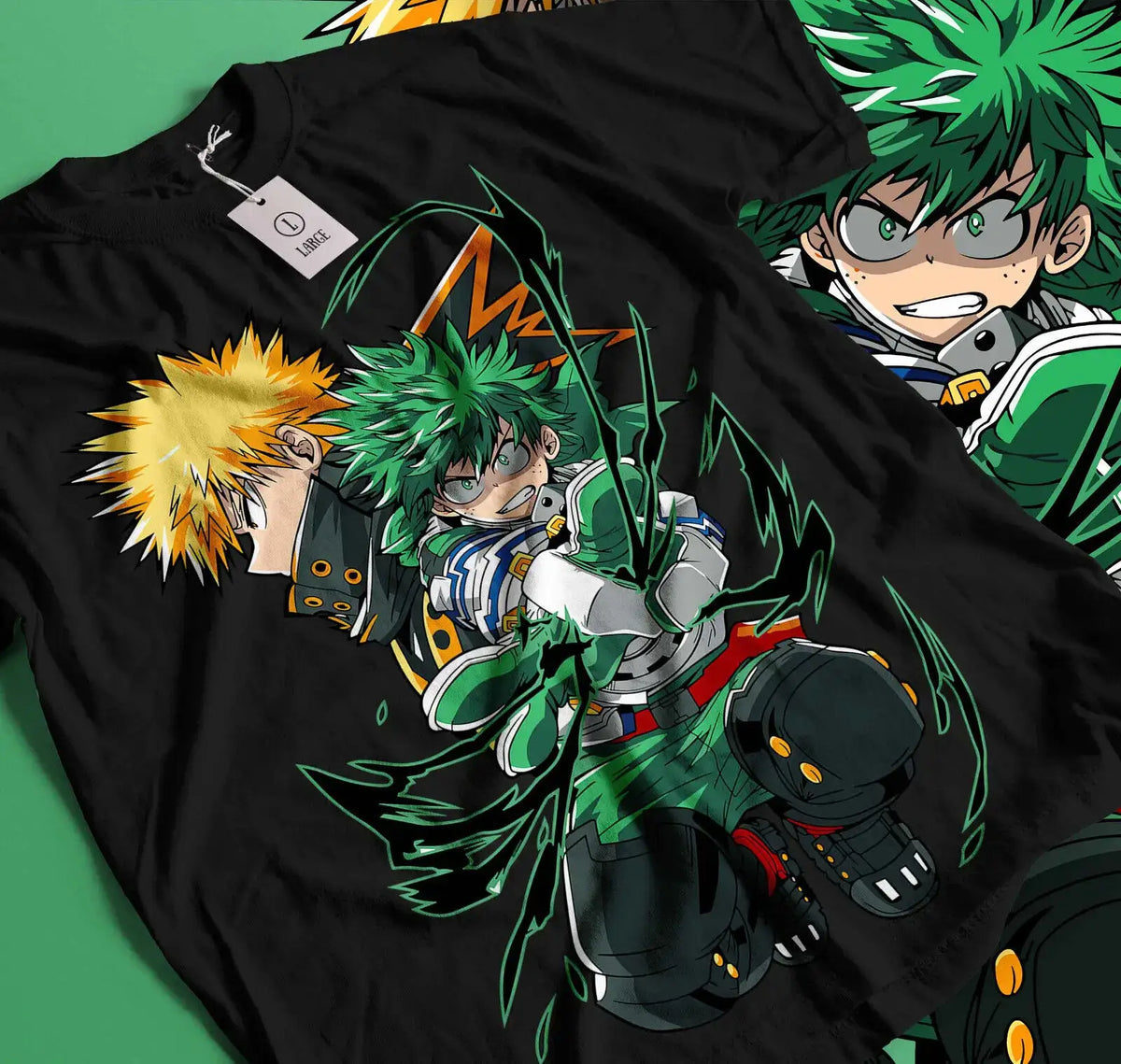 A dynamic Deku T-Shirt featuring graphic art of Izuku Midoriya, Katsuki Bakugo, and All Might from My Hero Academia on a black background.