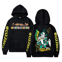 An oversized Midoriya Izuku Hoodie featuring a black and white manga graphic print, styled as unisex Harajuku streetwear for men and women.