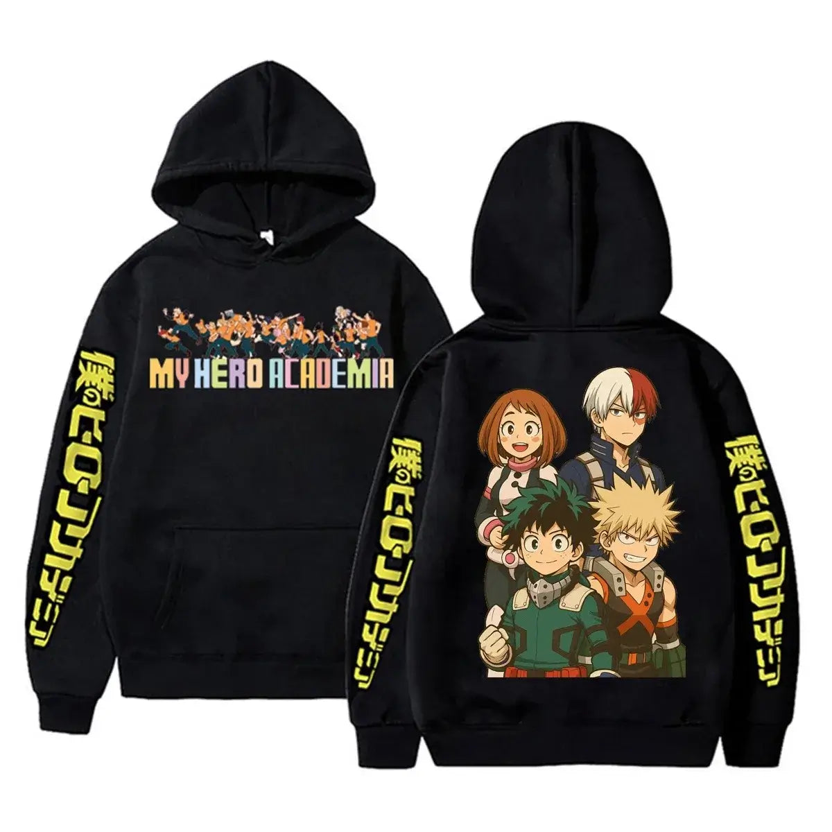 An oversized Midoriya Izuku Hoodie featuring a black and white manga graphic print, styled as unisex Harajuku streetwear for men and women.