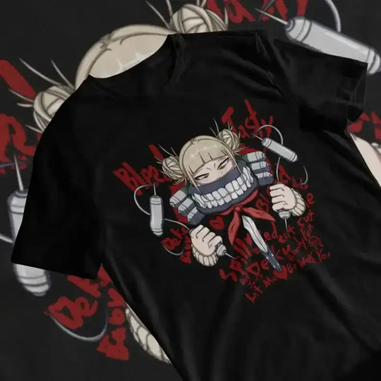 A vintage-style Himiko Toga T-Shirt featuring a comic book graphic of the My Hero Academia villain, designed as Y2K women's streetwear.