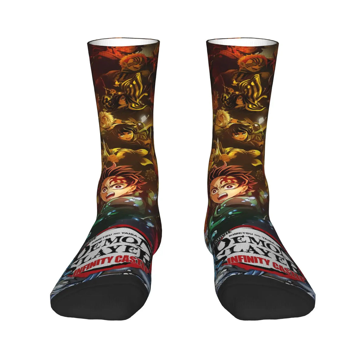 Breathable Demon Slayer Socks featuring Nezuko Kamado and Giyu Tomioka patterns, designed as trendy non-slip skateboard stockings for men and women.