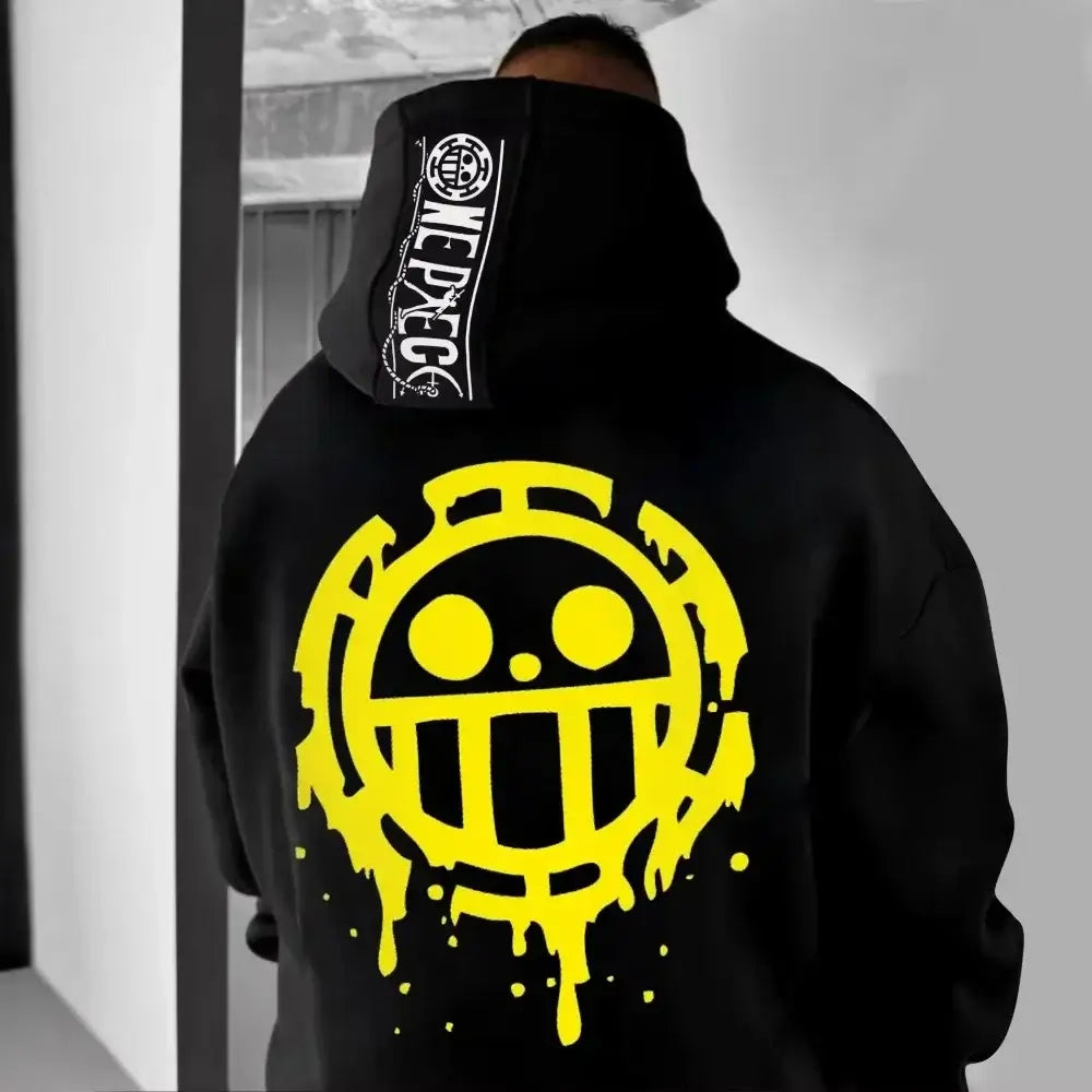 A trendy Trafalgar Law Hoodie featuring One Piece anime graphics, designed as a cozy long-sleeve parent-child sweater for men and boys.