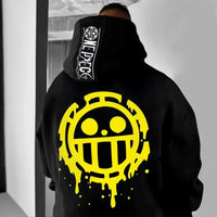 A trendy Trafalgar Law Hoodie featuring One Piece anime graphics, designed as a cozy long-sleeve parent-child sweater for men and boys.