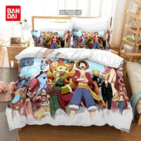 A Bandai One Piece Bedding Set featuring Monkey D. Luffy on a duvet cover and pillowcases, designed for anime bedroom decoration.