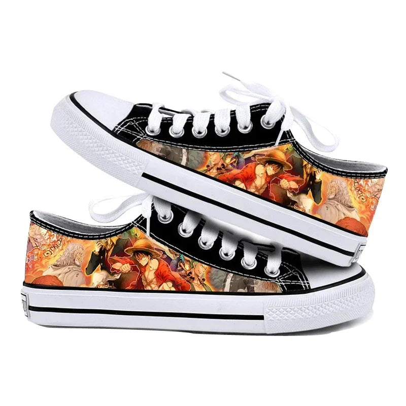 One Piece Anime Low Top Canvas Sneakers flat lay pair printed anime canvas couple birthday gift