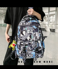 A high-capacity One Piece Luffy Backpack featuring a vibrant graffiti print of Monkey D. Luffy, designed as a durable school bag for middle and high students.