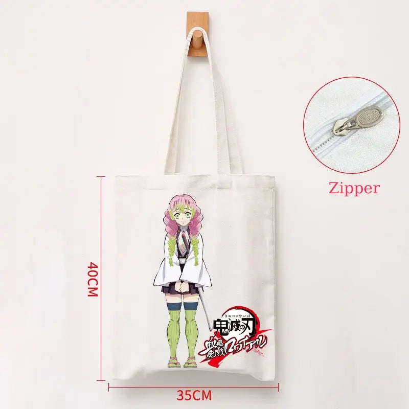 A durable Demon Slayer Canvas Bag featuring Kamado Nezuko and Tanjiro anime graphics, designed as a zipper tote for students and shoppers.