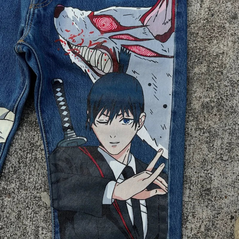 Trendy Cartoon Print Jeans featuring a high street graphic design, styled as loose wide-leg Harajuku denim for men and women.
