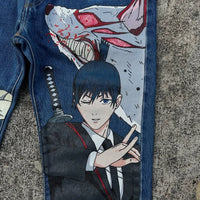 Trendy Cartoon Print Jeans featuring a high street graphic design, styled as loose wide-leg Harajuku denim for men and women.