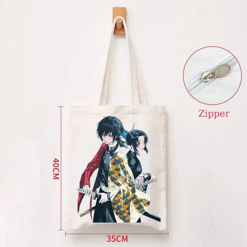 A durable Demon Slayer Canvas Bag featuring Kamado Nezuko and Tanjiro anime graphics, designed as a zipper tote for students and shoppers.