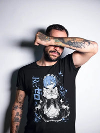 A man wearing a black Re:Zero Emilia Ram shirt featuring a character design from the anime, showcasing vibrant colors.