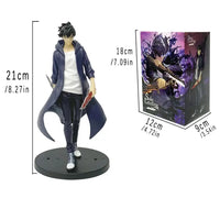 A highly detailed Sung Jin Woo Figure, showcasing the Solo Leveling Shadow Monarch in a dynamic anime action pose for desktop decoration.