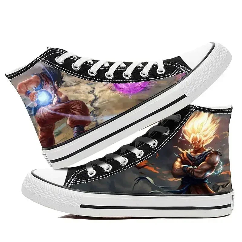 A pair of hot Dragon Ball Goku Canvas Shoes, anime fashion sneakers with a graffiti design for men, women, teenagers, and students.
