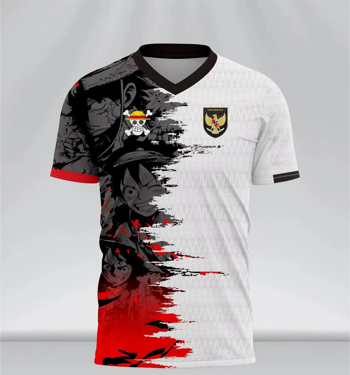 Luffy One Piece Indonesia Jersey showcasing an oversized V-neck design with 3D anime print on polyester fabric.