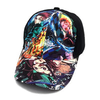 A trendy Demon Slayer Baseball Cap featuring graphic prints of Tanjiro and Nezuko, designed as an adjustable hip hop sun hat for men and women.