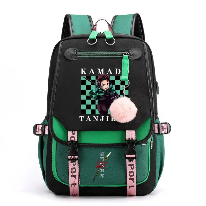 A durable Kamado Tanjirou Backpack featuring the green checkered pattern, large capacity storage, and high-quality zippers for teenagers.