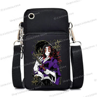 A trendy Demon Slayer Phone Bag featuring anime art of Nezuko Kamado and Mitsuri Kanroji, designed as a Harajuku mini crossbody purse for women and men.