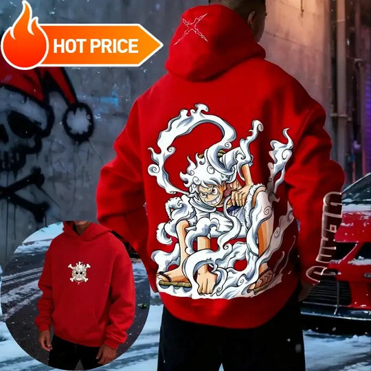 Luffy One Piece Oversized Cotton Hoodie featuring vibrant design on red fabric, perfect for stylish autumn and winter layering.