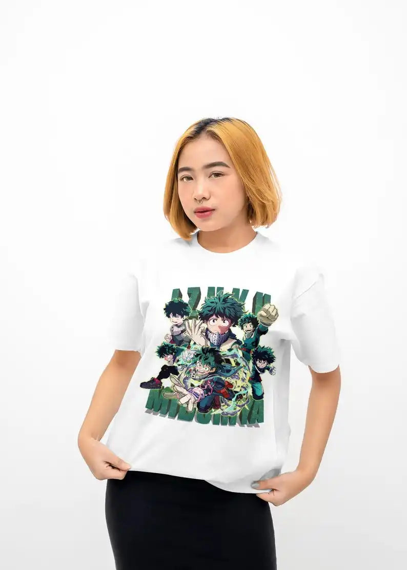 A trendy Midoriya Izuku T-Shirt made of 100% cotton, featuring Fire Style Deku graphic art for unisex Japanese fashion.