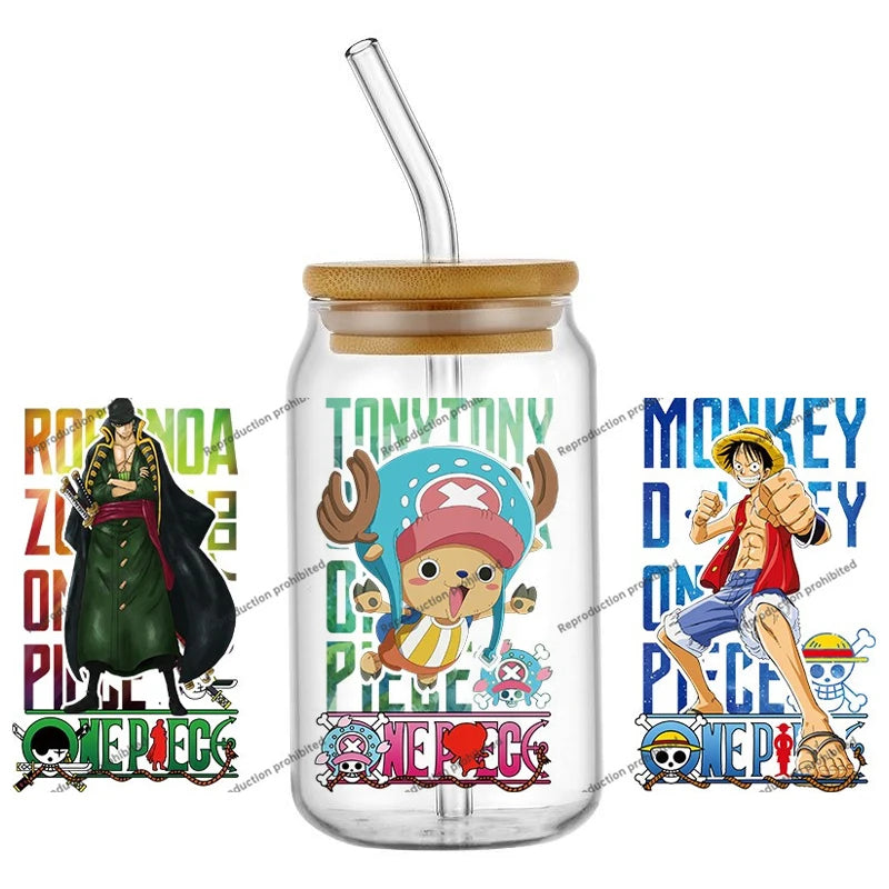 A collection of the newest 31 designs of popular One Piece UV DTF Stickers for a 16oz glass cup.