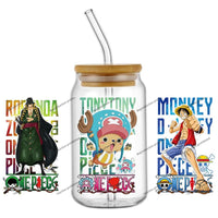 A collection of the newest 31 designs of popular One Piece UV DTF Stickers for a 16oz glass cup.