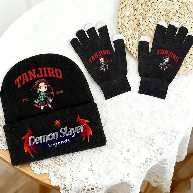 A warm 2pcs Demon Slayer Hat Gloves Set featuring the green Tanjiro Kamado checkered pattern, knitted winter accessories for boys and girls.