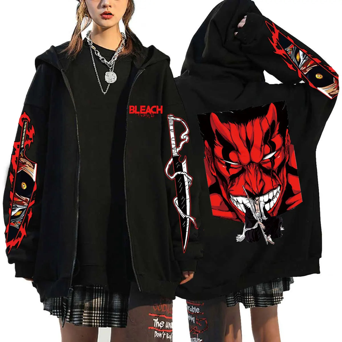 A unisex Bleach Zip Up Hoodie featuring 3D cosplay prints of Kurosaki Ichigo, Kyoraku Shunsui, and Hitsugaya Toshiro for anime fans.