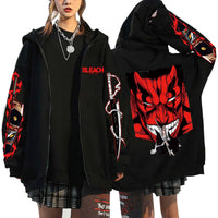 A unisex Bleach Zip Up Hoodie featuring 3D cosplay prints of Kurosaki Ichigo, Kyoraku Shunsui, and Hitsugaya Toshiro for anime fans.