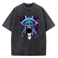 A vintage-style Solo Leveling Vintage T-shirt made of washed black cotton featuring a Sung Jinwoo graphic print, designed as Harajuku streetwear.