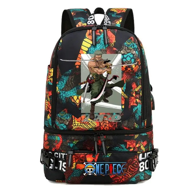 One Piece Anime Polyester School Travel Backpack featuring vibrant artwork and stylish design for teens.