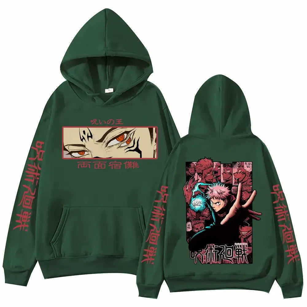 Itadori Hoodie Jujutsu Kaisen Harajuku Pullover worn by model casual streetwear outfit anime fashion