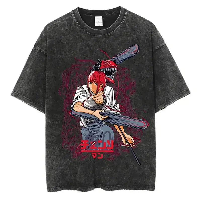 A vintage-washed black Chainsaw Man T-Shirt made of soft cotton, featuring a Denji graphic print, designed as oversized Harajuku streetwear.