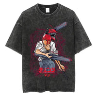 A vintage-washed black Chainsaw Man T-Shirt made of soft cotton, featuring a Denji graphic print, designed as oversized Harajuku streetwear.
