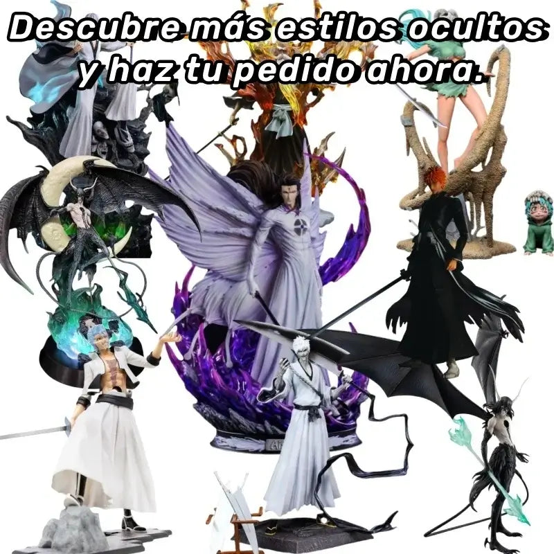 A vibrant Bleach Blind Box packaging revealing highly detailed anime action figures of Kurosaki Ichigo, Sosuke Aizen, and Rukia Kuchiki for collector display.
