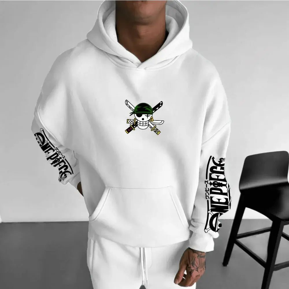 A trendy Roronoa Zoro Hoodie featuring a green graphic anime print, designed as long-sleeve parent-child hip hop wear for men and boys.