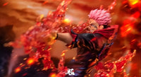 A highly detailed Ryomen Sukuna Figure made of premium PVC, showcasing the Jujutsu Kaisen King of Curses in an extreme battle stance for desktop decoration.
