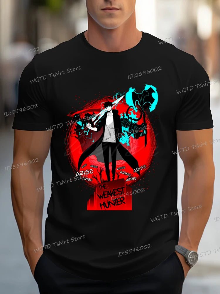 A vintage black Solo Leveling Anime T-Shirt featuring a funny Sung Jinwoo graphic print, available in sizes S to 4XL for men and women.