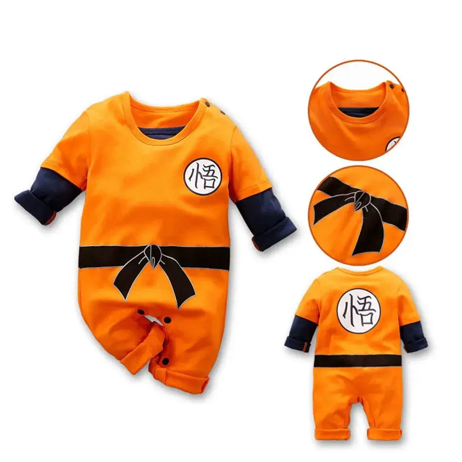 A newborn infant wearing the Baby Anime Costume, a cosplay jumpsuit available in Luffy, Akatsuki, and Vegeta styles.