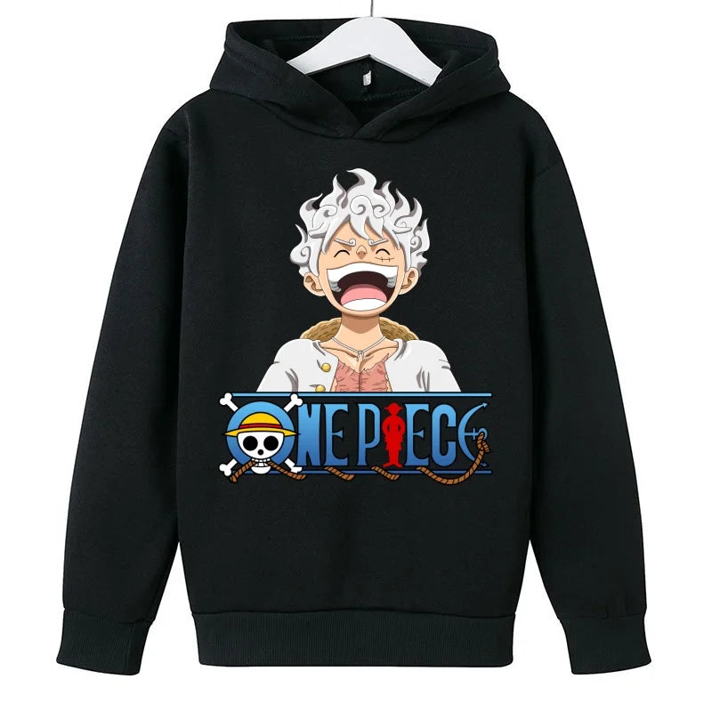 A trendy One Piece Kids Hoodie featuring cartoon graphic prints of Luffy and Zoro, designed as a casual spring and autumn pullover for children.