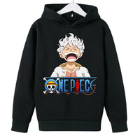 A trendy One Piece Kids Hoodie featuring cartoon graphic prints of Luffy and Zoro, designed as a casual spring and autumn pullover for children.