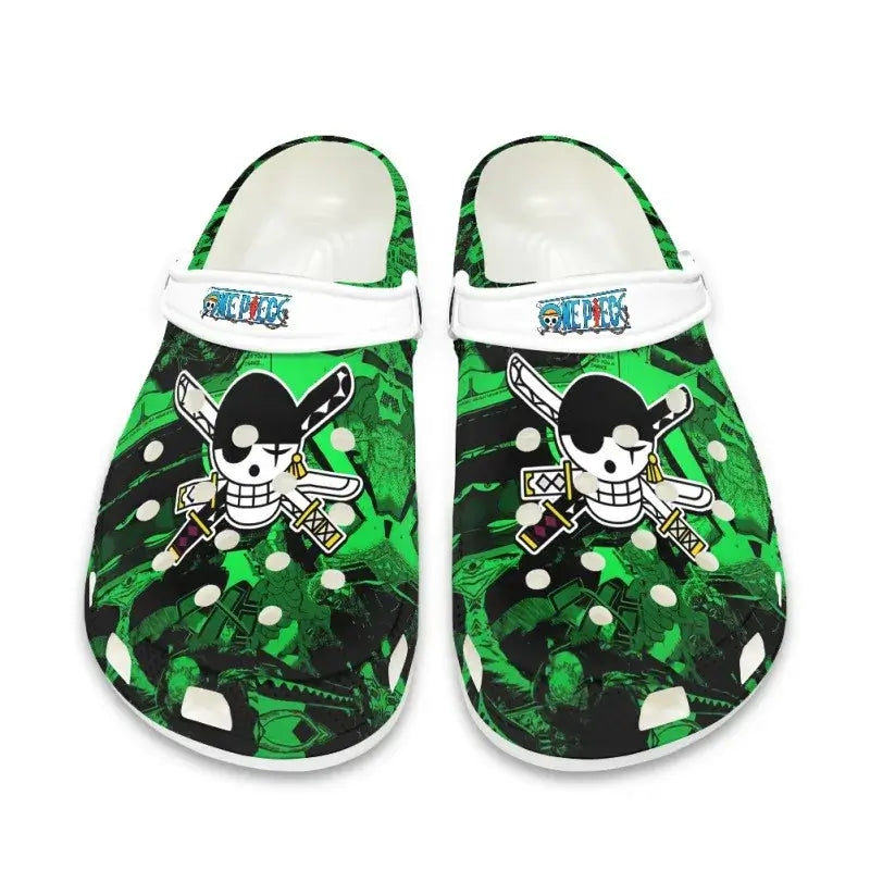 Breathable One Piece Medical Clogs featuring cartoon prints of Monkey D. Luffy and Roronoa Zoro, designed as slip-resistant surgical shoes for nurses.