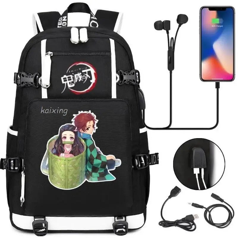 A pink and black Nezuko Demon Slayer Backpack featuring a USB charging port and kawaii anime character art, designed for teen girls and students.