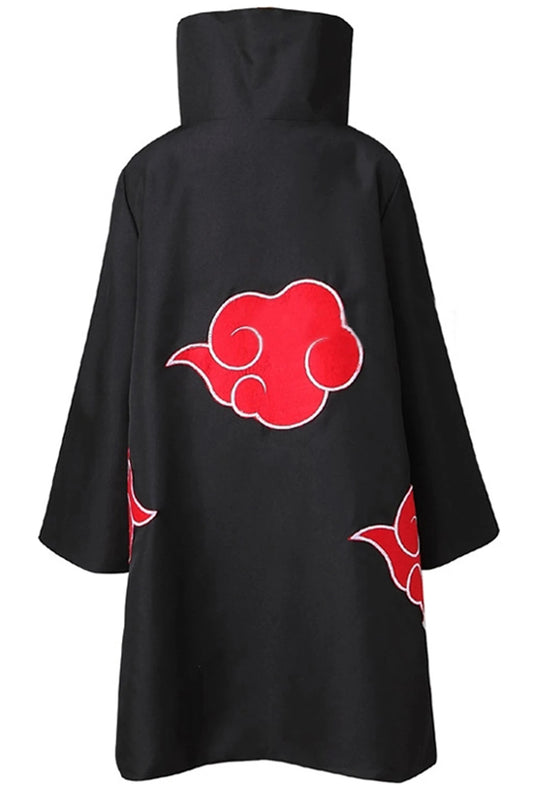A long black Akatsuki Itachi Cloak cosplay costume featuring iconic red clouds and accessories, suitable for kids and adults for Halloween.